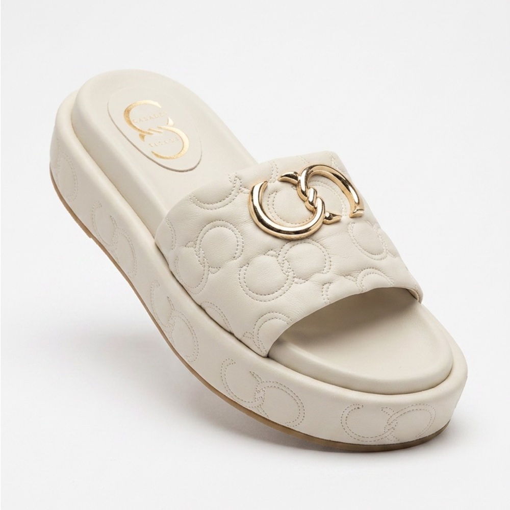 Casadei Cream Soft Leather Quilted Slide Platform Mules with Gold Ring Detail